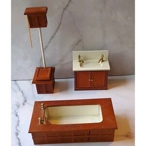 Vintage Wooden Dollhouse Miniature Bathroom Furniture Pieces Sink Tub & Toilet